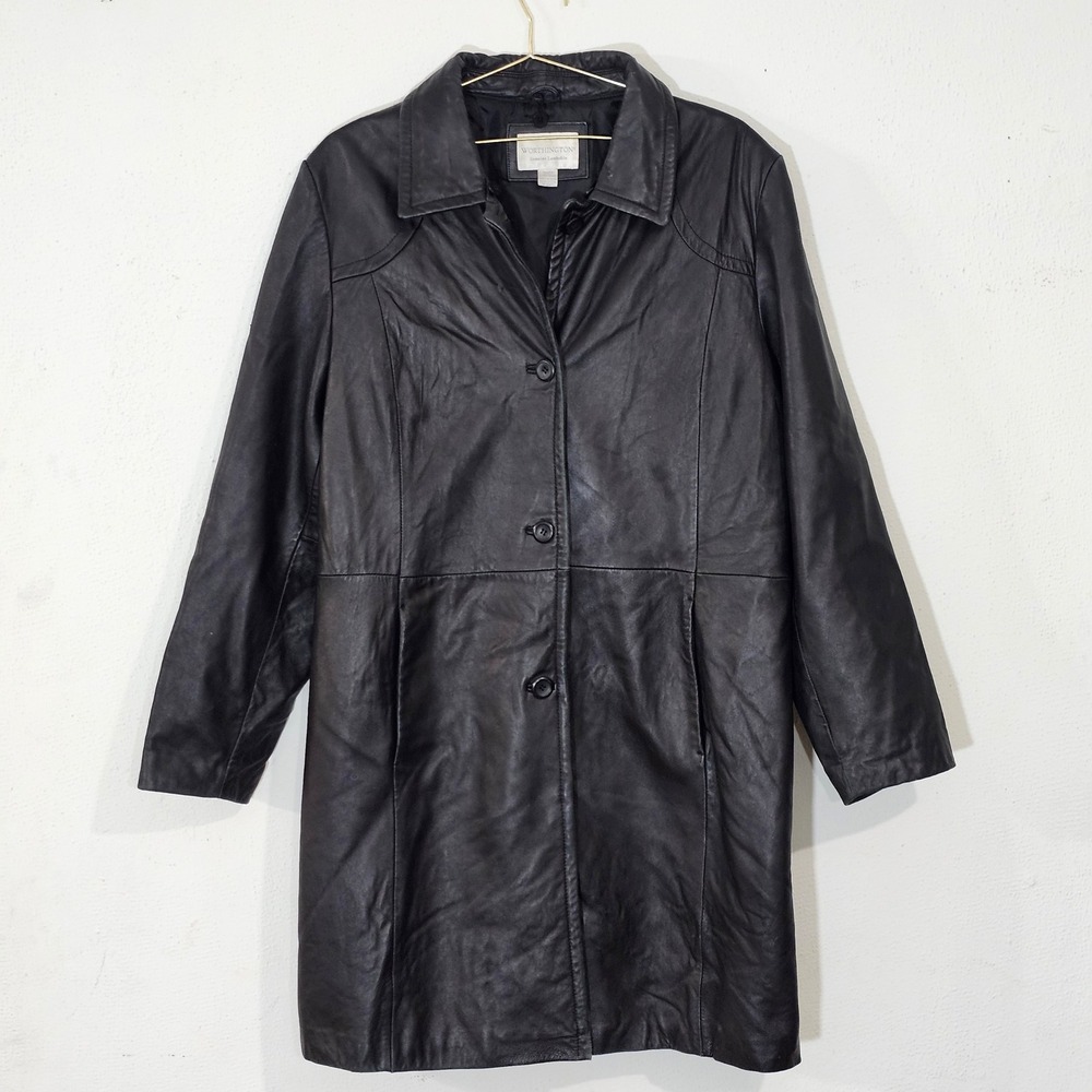 Worthington Genuine Lambskin Leather Coat Womens XL Black 3 Button Long Jacket
